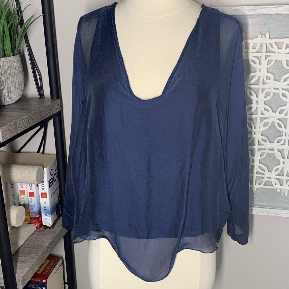 Made in Italy silk blend sheer scoop neck low cut navy blouse